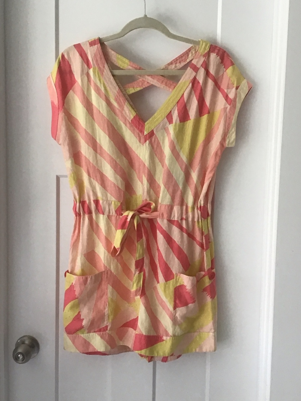 Marc by Marc Jacobs Coral, Peach & Yellow Striped V-Neck Romper